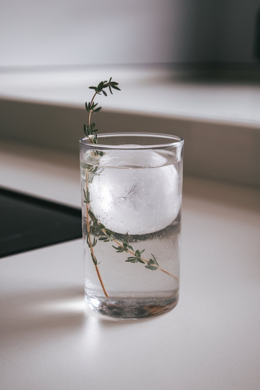 Clear highball indoors with lightly tinted plum and thyme sparkling water, ice sphere, thyme sprig inside; modern countertop, no text or logos. Photo only.