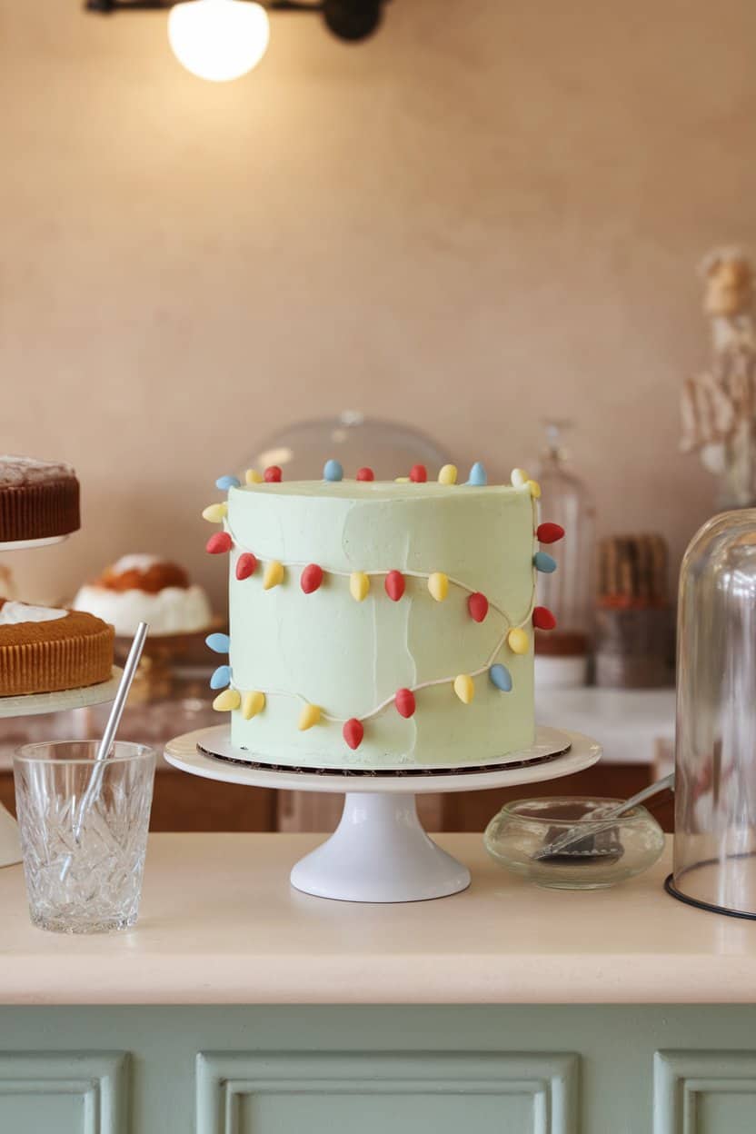 Indoor bakery counter showing a pastel-green cake decorated with a winding string of buttercream “lights” in red, yellow, and blue, no text or logos.