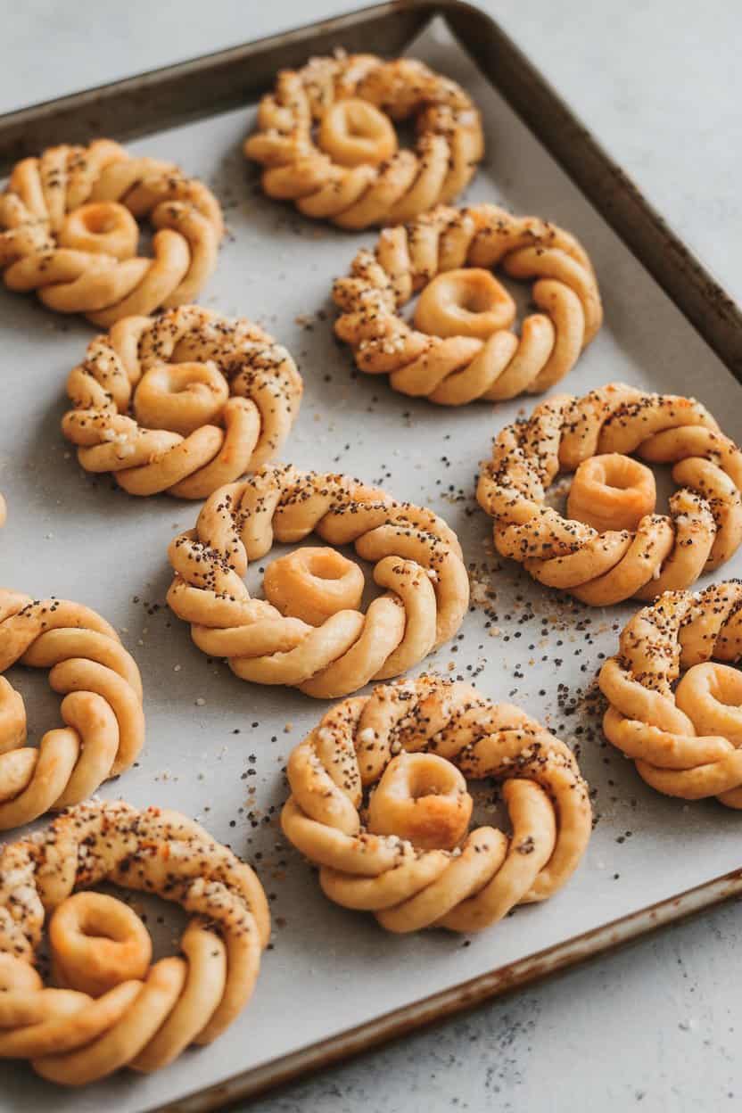 Indoor baking sheet lined with twisted puff-pastry cheese straws sprinkled with everything bagel seasoning. Even lighting, no branding. Photo only.