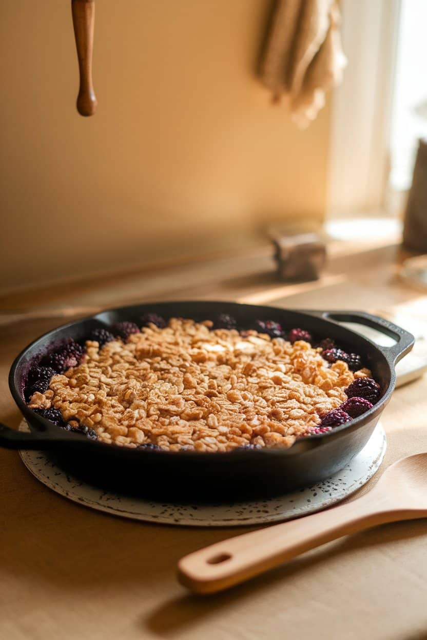 A warmly lit indoor countertop with a cast-iron skillet of bubbling blackberry crisp, golden oat topping in contrast to deep purple fruit. No text or logos. Photo.