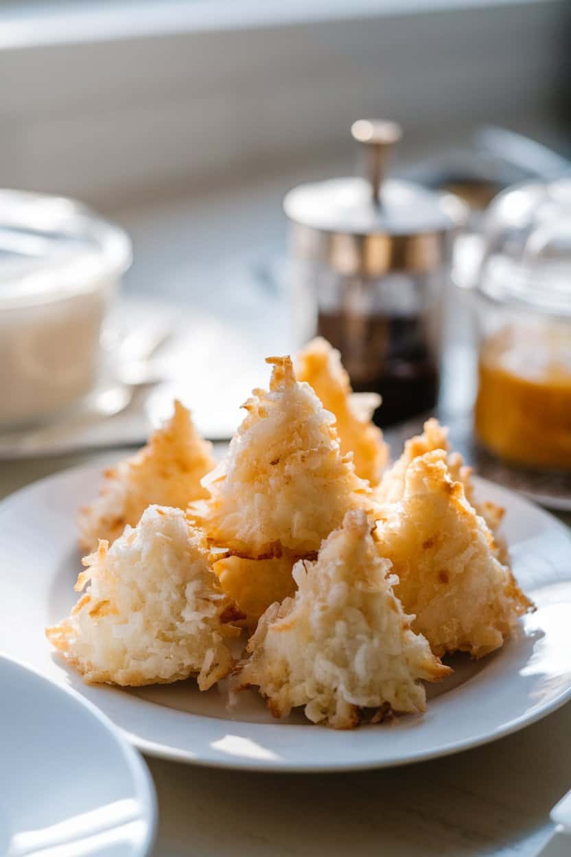 Photo prompt: Indoor tabletop with pyramid-shaped coconut macaroons, lightly toasted edges, soft morning light, no text or logos.