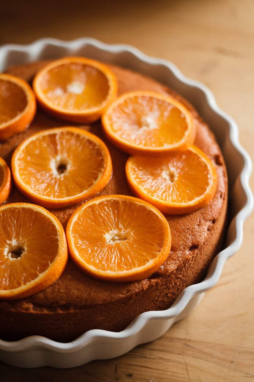 Indoor close-up of a cake encircled on top by overlapping caramelized orange slices glistening under warm light, no text or logos.