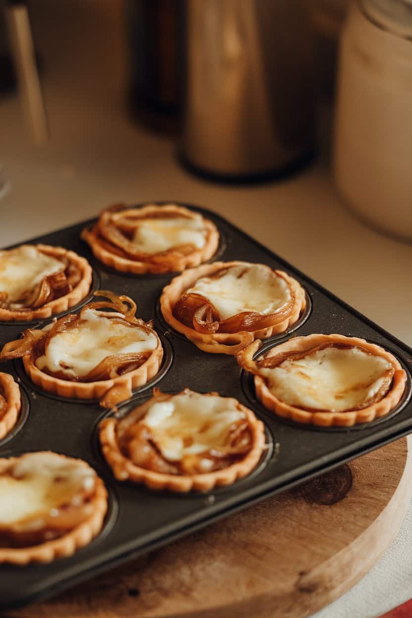 Indoor mini muffin pan holding caramelized onion-Gruyère tartlets, cheese bubbled on top. Warm lighting, no text or logos. Photo, not illustration.