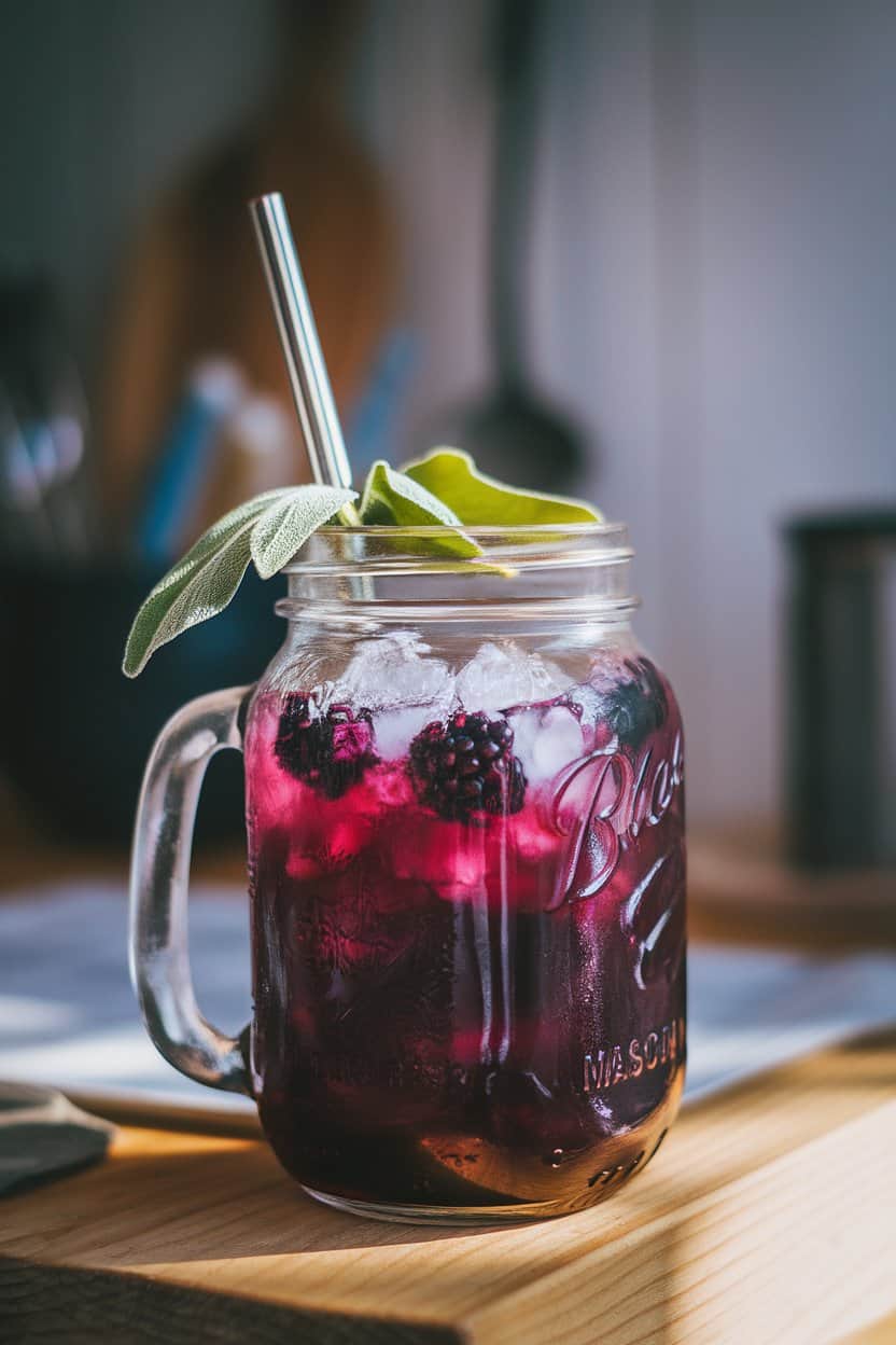 Mason jar indoors containing deep purple blackberry sage lemonade, crushed ice, and a metal straw; afternoon sunlight, no text or logos. Photo only.