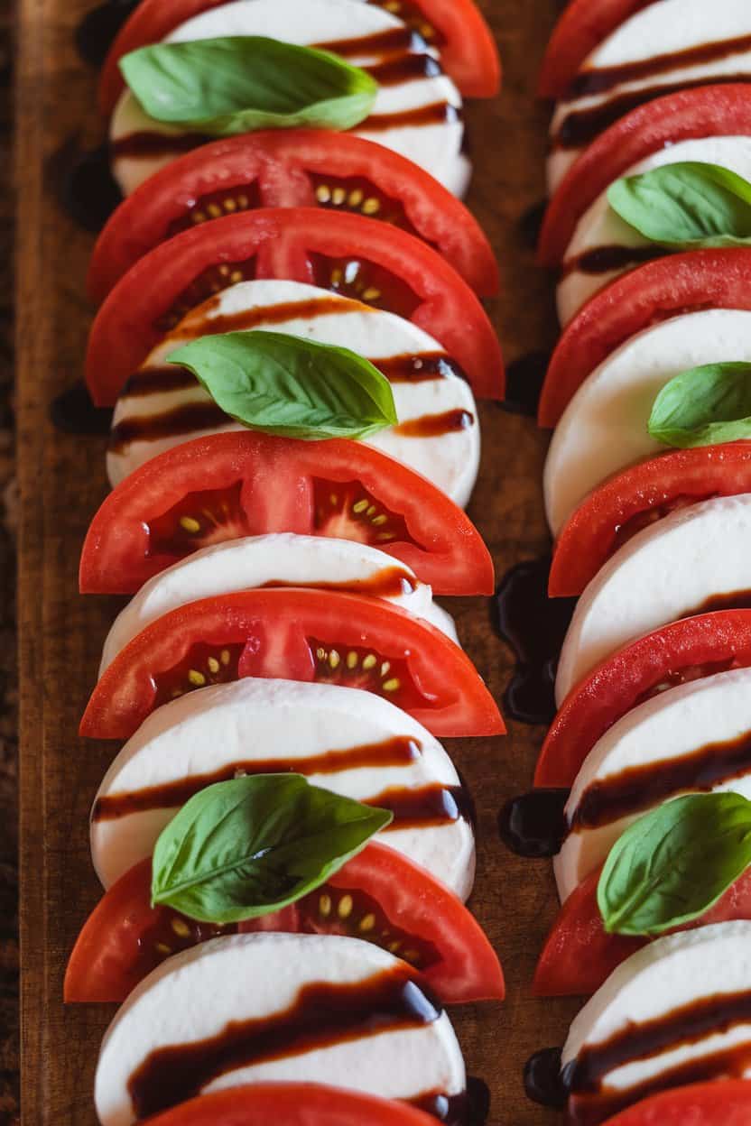 Indoor photo of alternating slices of mozzarella and ripe tomato drizzled with a glossy cranberry-balsamic reduction, fresh basil leaves tucked between. No text or logos.