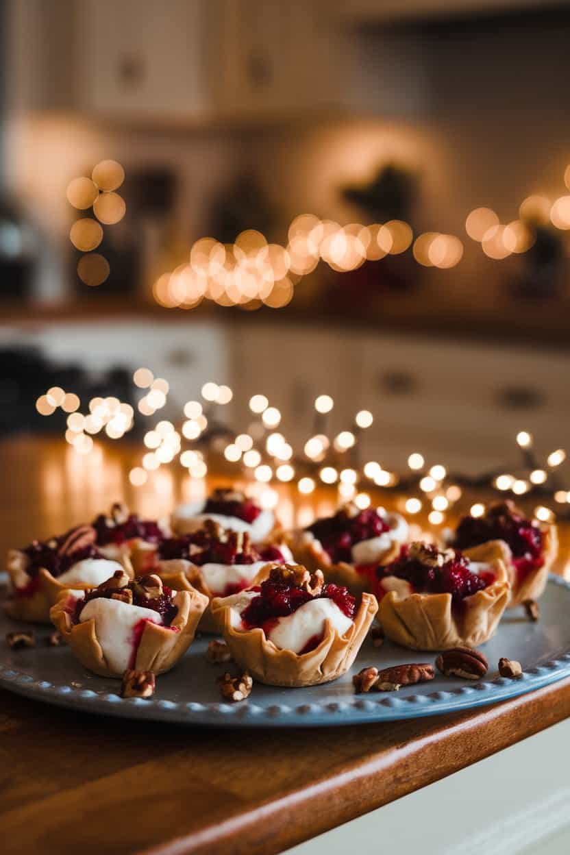 A warmly lit indoor kitchen island with mini phyllo cups filled with melted brie and ruby cranberry sauce, a dusting of chopped pecans on top. Soft bokeh of holiday lights in the background. No text or logos. Photo only.