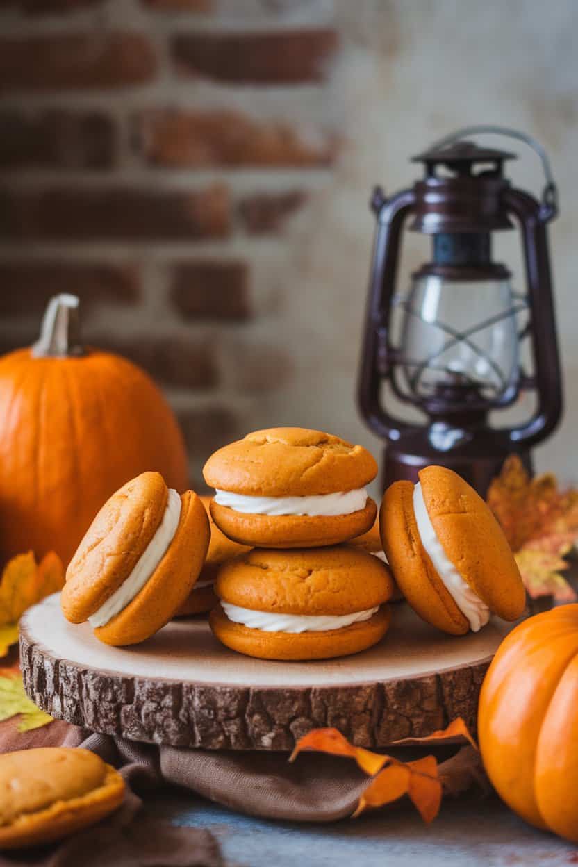 An indoor harvest-themed table with pumpkin whoopie pies sandwiched around cream cheese filling, stacked casually on a wooden board. No text or logos. Photo.
