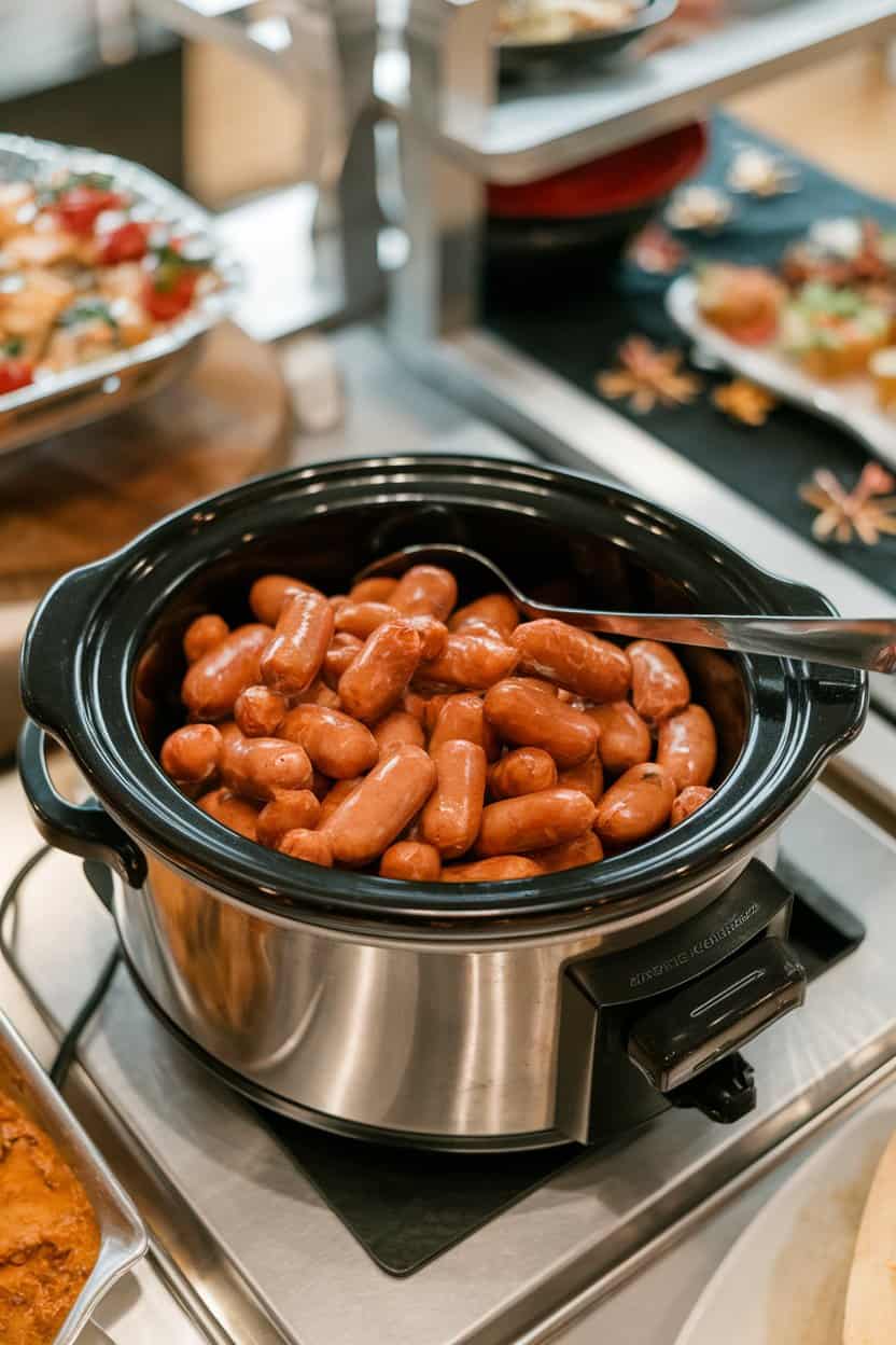 A small slow cooker on an indoor buffet filled with glossy cocktail sausages coated in maple glaze, a serving spoon resting inside. No logos or text, photo.