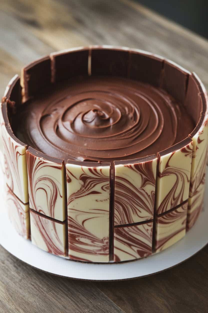 Indoor shot of a chocolate-frosted cake wrapped with a wide band of homemade peppermint bark, broken edges visible, no text or logos.