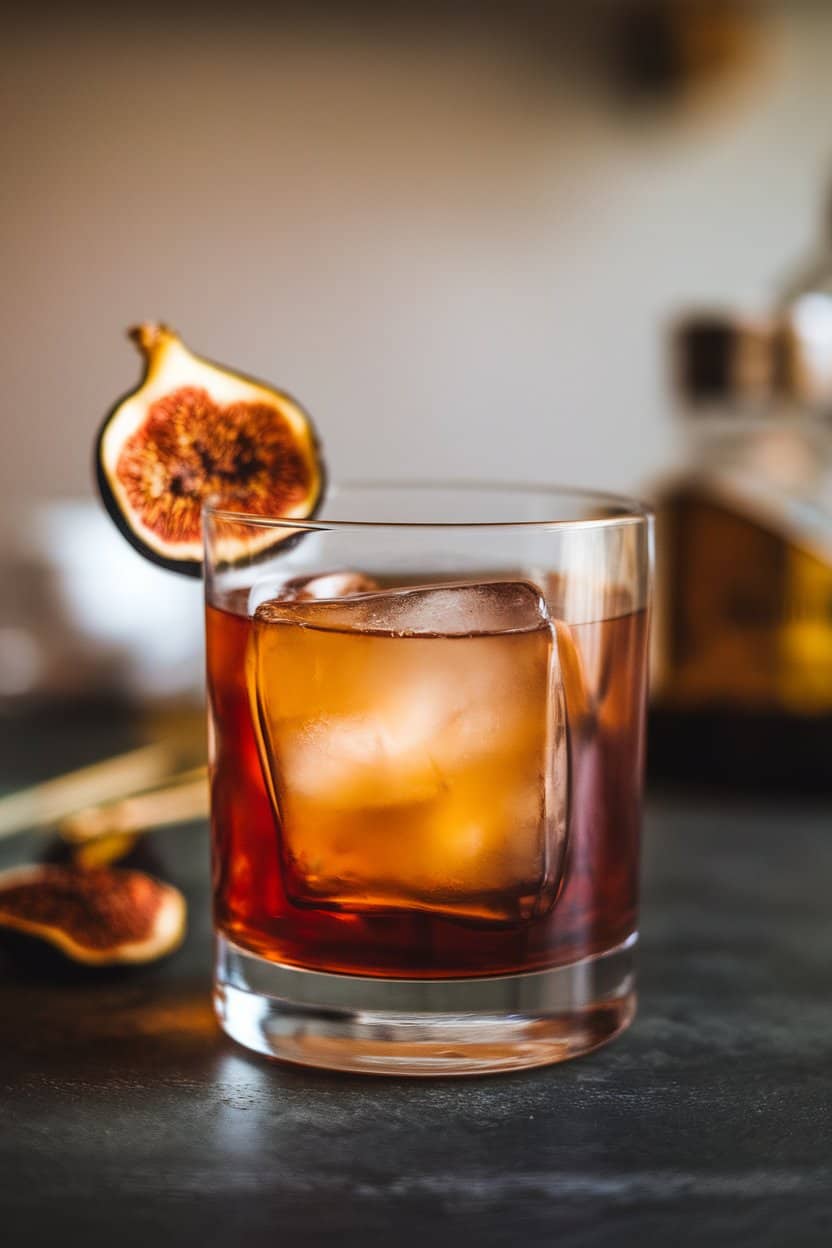 Old-fashioned glass indoors with deep amber fig bourbon sour, large ice cube, half a dried fig on rim; soft focus background, no text or logos. Photo only.