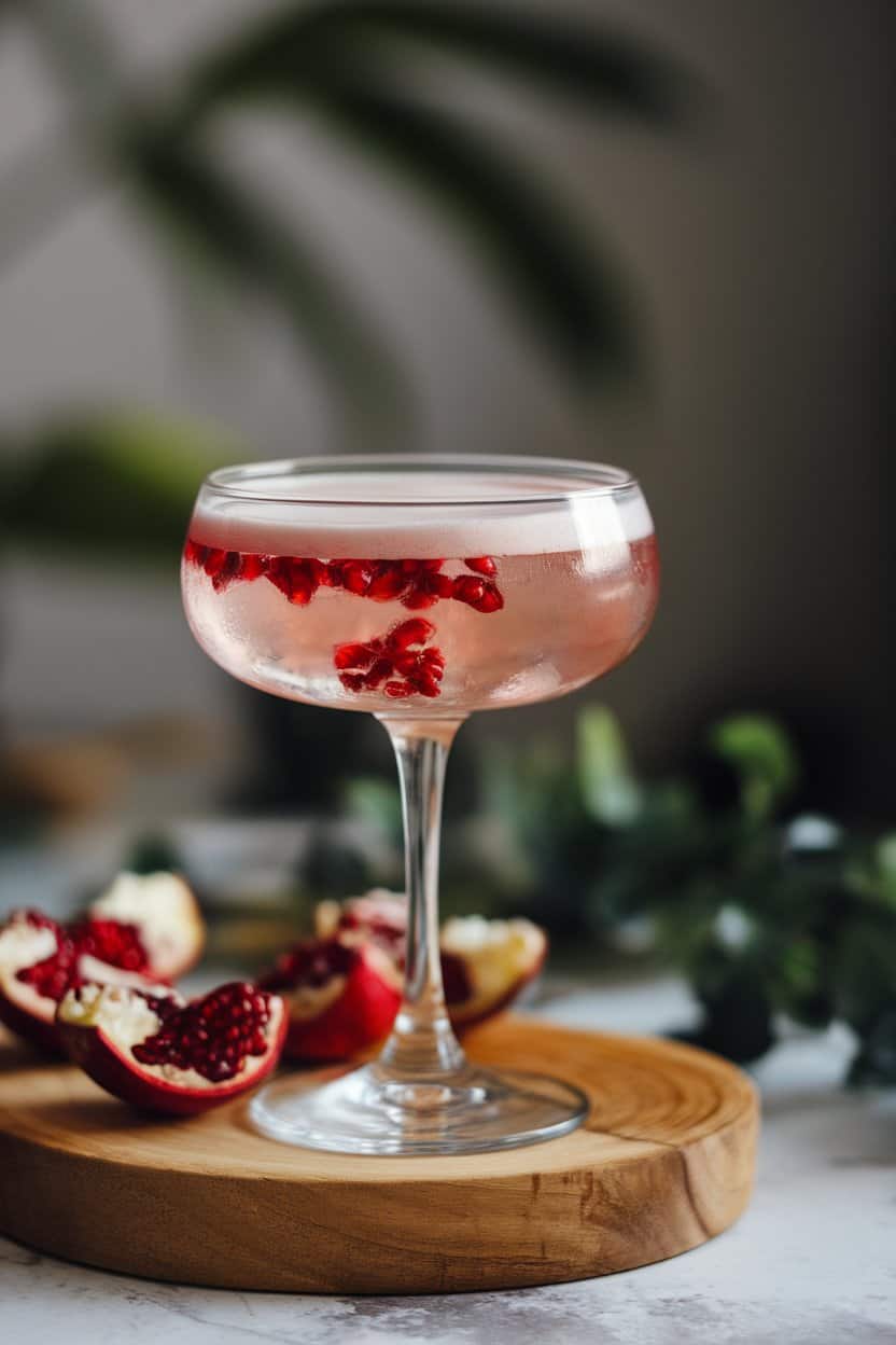 Coupe glass indoors containing a blush-pink pomegranate gin fizz with silky foam on top and pomegranate arils at the bottom; diffused lighting, no text or logos. Photo only.