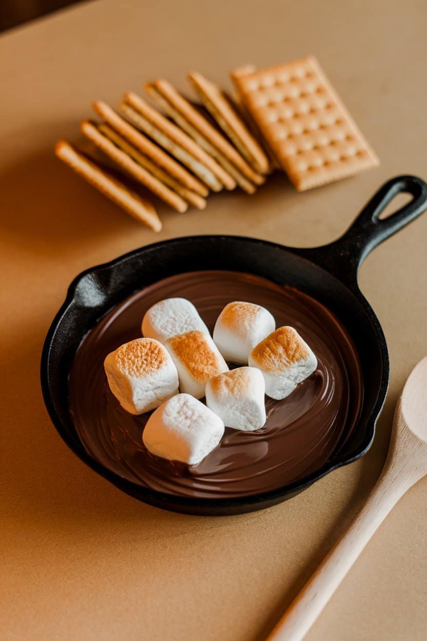 An indoor tabletop showing a small cast-iron skillet filled with melted chocolate and toasted marshmallows, graham crackers fanned nearby for dipping. No text or logos. Photo.