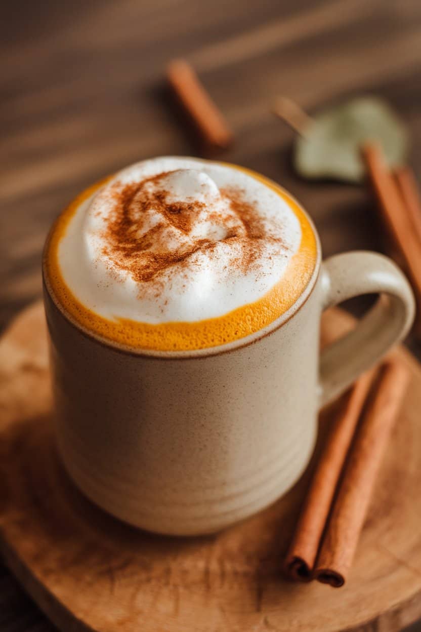 Indoor photo of a foam-topped pumpkin spice latte in a plain ceramic mug beside cinnamon sticks, no text or logos