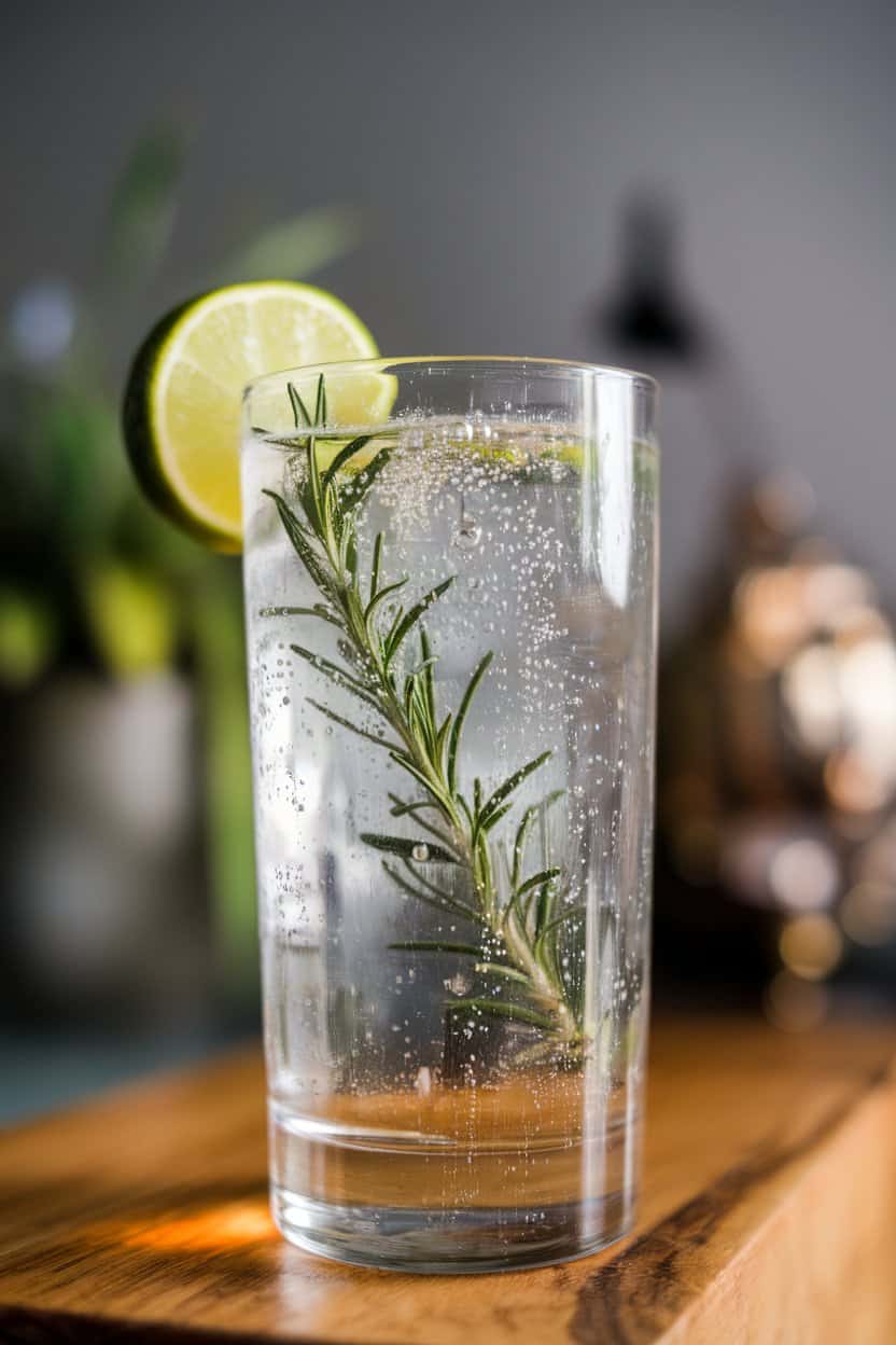 Highball glass indoors containing clear vodka tonic with tiny bubbles clinging to a submerged rosemary sprig, lime wedge on rim; crisp lighting, no text or logos. Photo only.