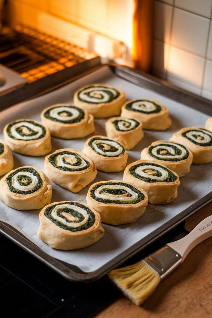 A baking sheet on an indoor counter lined with flaky golden pinwheels showing green spinach and white feta swirls, a pastry brush beside it. Warm kitchen lighting, no text or logos, photo.