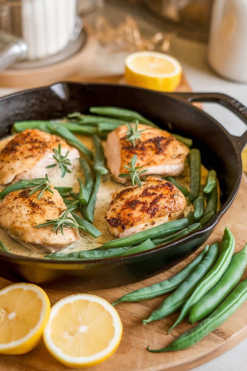 Photo indoors of a cast-iron skillet filled with seared chicken pieces, green beans, and a light lemon cream sauce; soft warm lighting, no text or logos