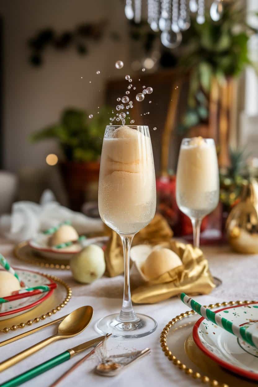 Stemmed flute indoors with pale pear sorbet topped by sparkling Prosecco, delicate bubbles rising; festive table setting, no text or logos. Photo only.