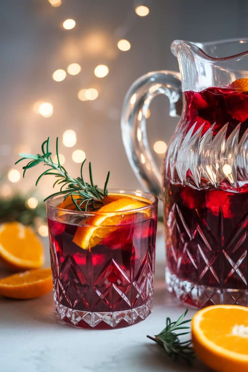 Indoor close-up photo of a crystal pitcher and matching glass filled with ruby-red pomegranate punch, topped with orange wheels and fresh rosemary; gentle fairy-light bokeh in the background; no text or logos; photo, not illustration.
