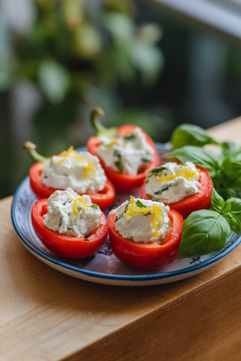 A small indoor platter of bright red peppadew peppers filled with creamy ricotta flecked with basil and lemon zest. No text or logos, photo.