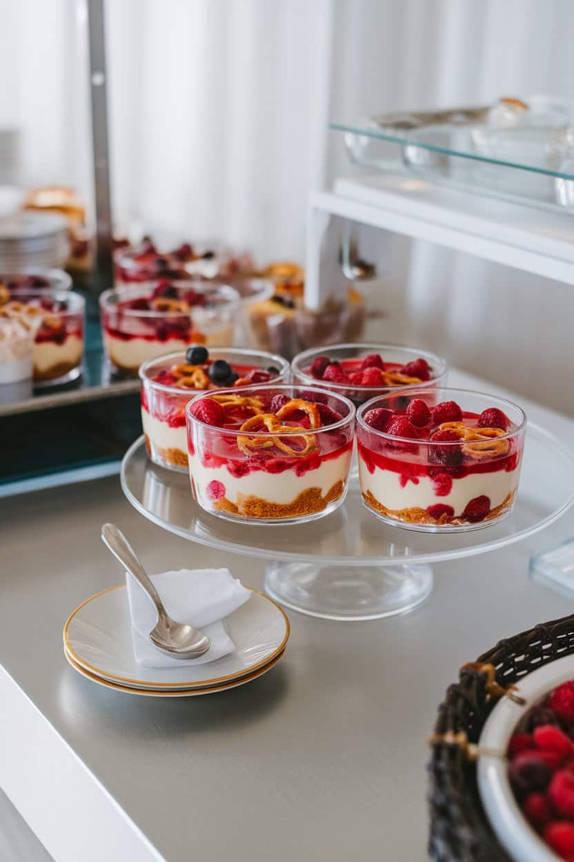 An indoor buffet table with clear ramekins layered with salty pretzel crust, creamy filling, and strawberry gelatin studded with berries, spoon resting beside a cup. No text or logos. Photo.