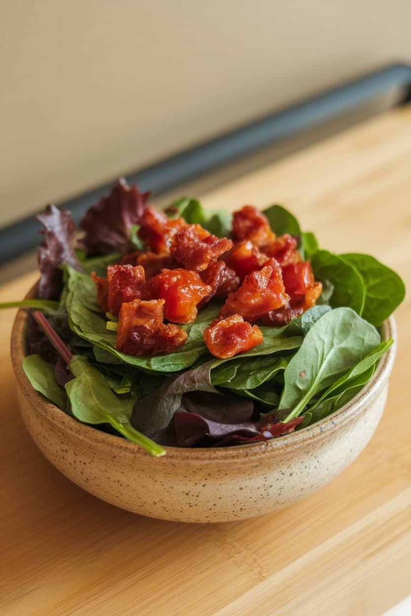 Indoor photo of baby spinach and mixed greens topped with bite-size pieces of candied bacon and cherry tomatoes in a simple ceramic bowl. No text or logos.