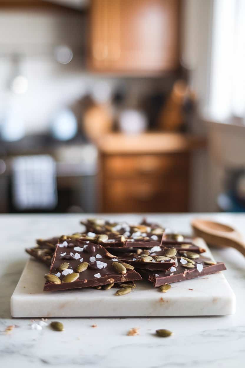 An indoor marble slab scattered with shards of dark chocolate bark studded with pumpkin seeds, sunflower seeds, and flaky salt. No text or logos.
