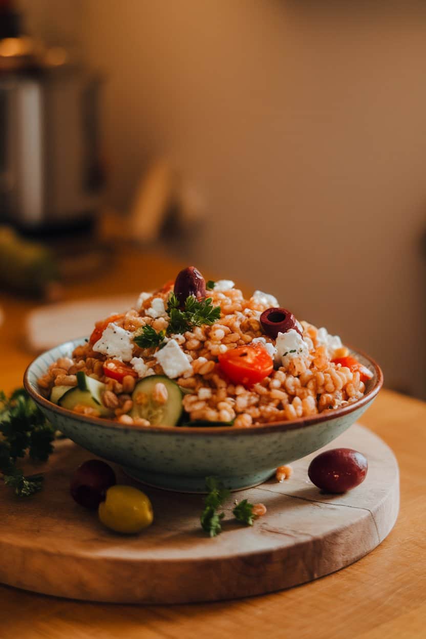 An indoor dining table showcasing a shallow bowl of cooked farro mixed with cucumbers, cherry tomatoes, olives, feta crumbles, and parsley. Warm lighting, no text or logos.