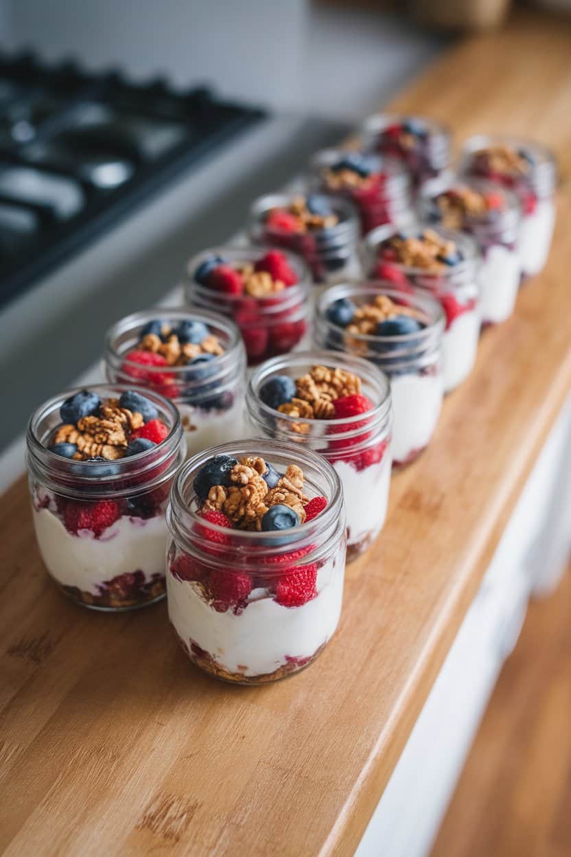 Indoor photo of a row of small mason jars layered with creamy Greek yogurt, mixed berries, and a sprinkle of granola on top, shot at a slight overhead angle on a wooden kitchen counter; no text or logos visible.