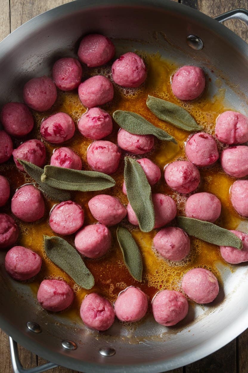 An overhead indoor image of pink beetroot gnocchi in a shallow skillet, glossed with browned butter and crispy sage leaves. No text or logos present; photo.
