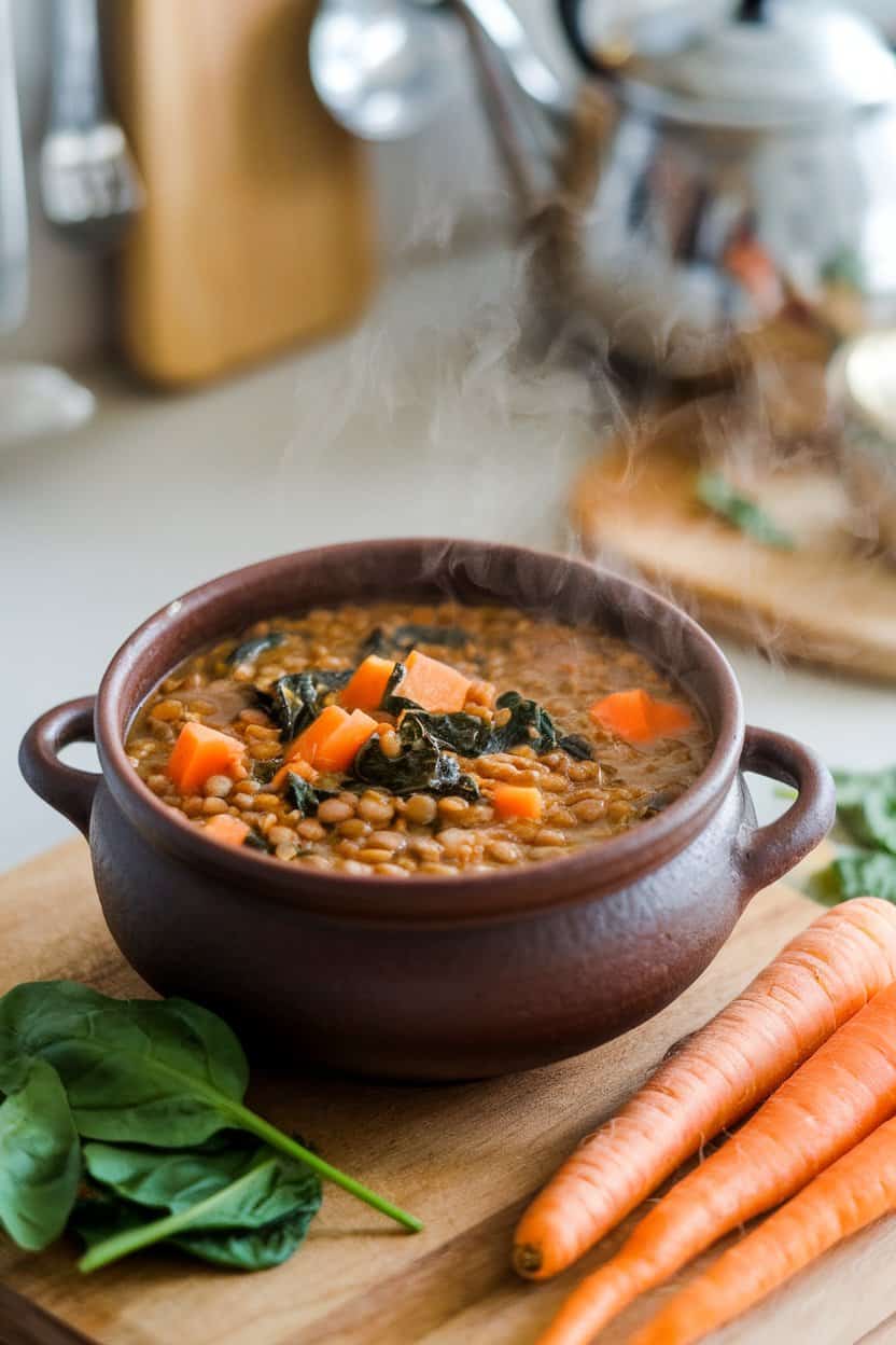 An indoor kitchen counter featuring a steaming ceramic bowl of thick lentil soup flecked with wilted spinach and diced carrots. Side view, no text or logos. Photo only.