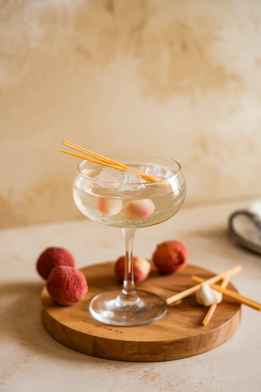 Indoor photo of a coupe glass holding translucent lychee juice, thin ginger matchsticks, and crushed ice; no text or logos.