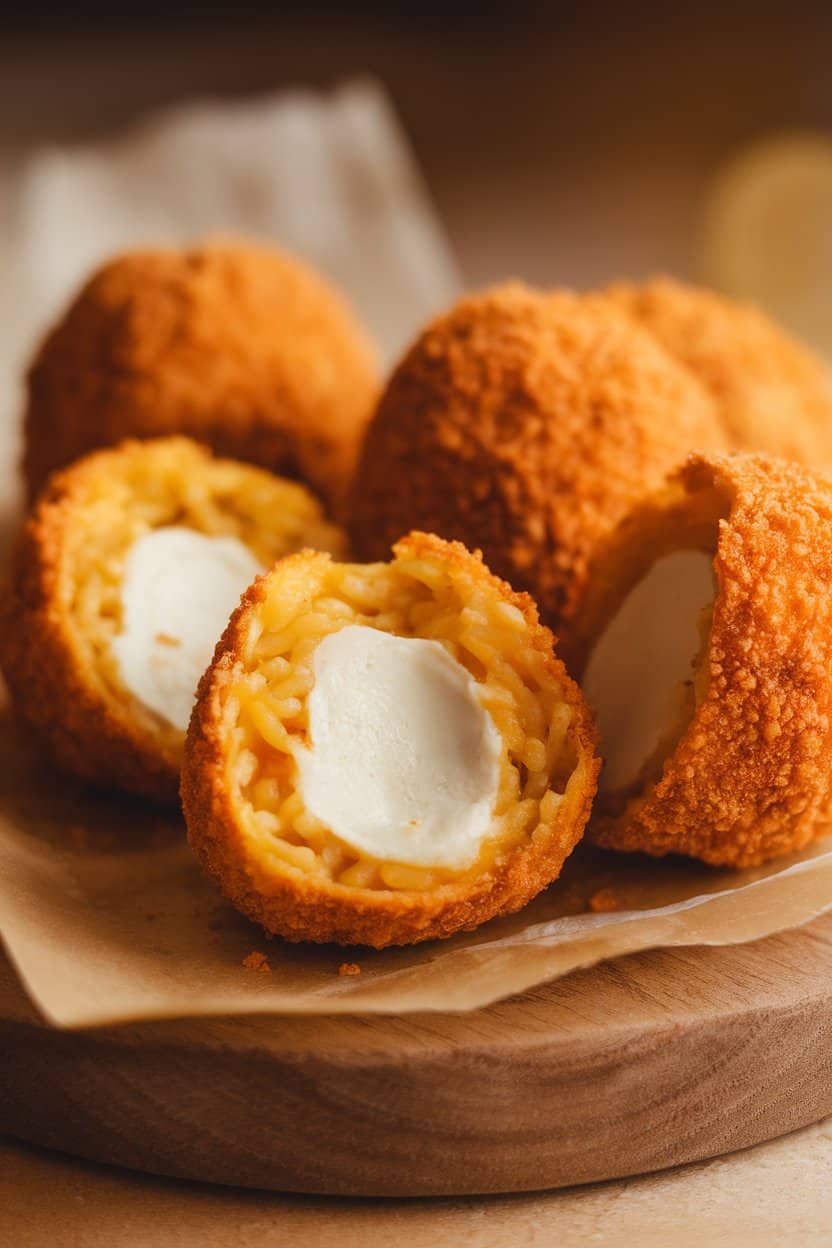 Indoor photo of golden fried arancini balls cut open to reveal gooey mozzarella, resting on parchment on a wooden board; soft incandescent lighting, no text or logos.