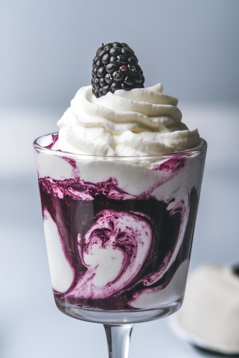 Indoor dessert cup swirled with purple blackberry puree and pillowy whipped cream, a single blackberry perched on top. No text or logos present. Photo only.