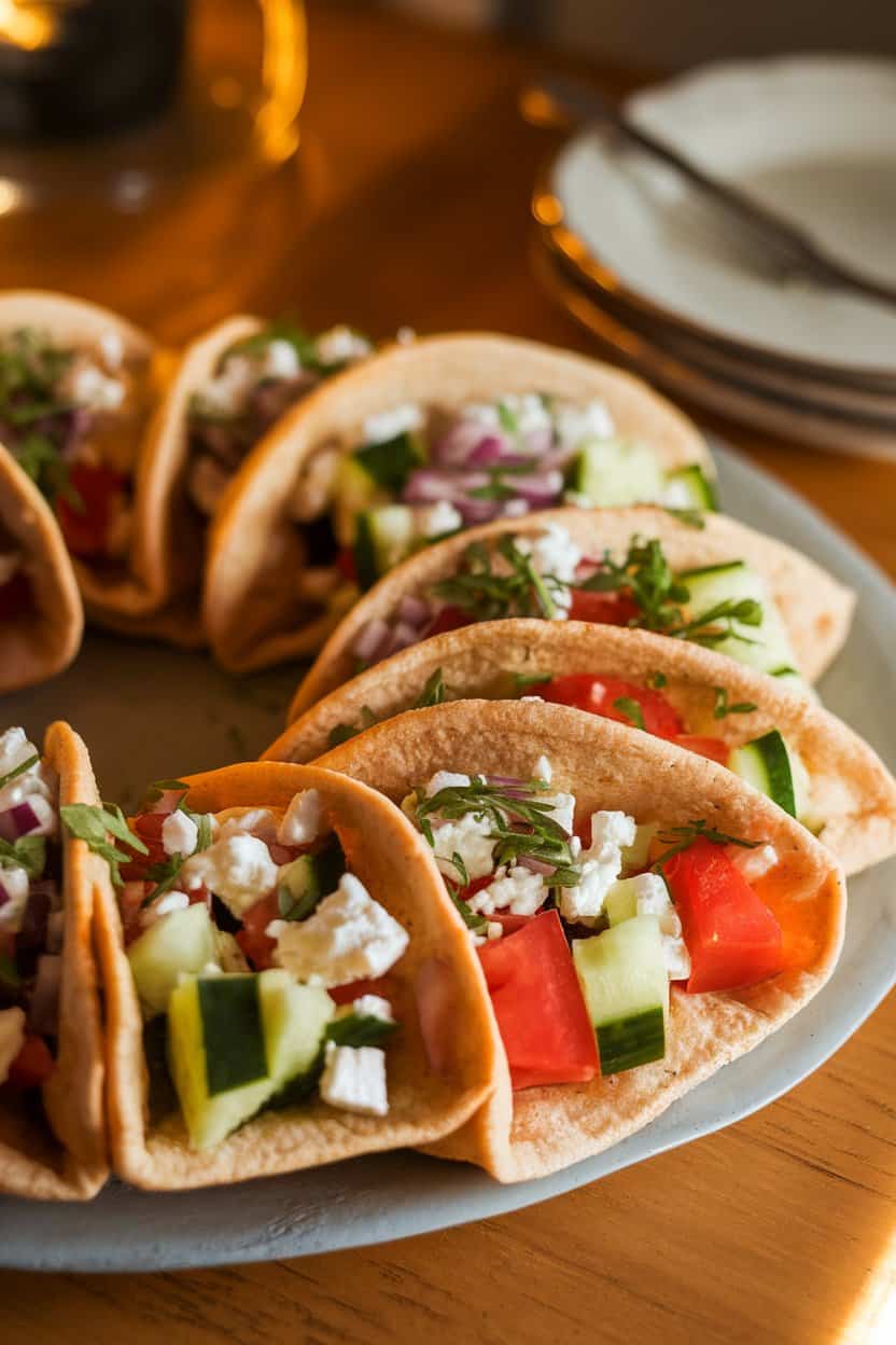 An indoor tabletop showing whole-wheat pita pockets stuffed with diced cucumber, tomato, red onion, and crumbled feta, herbs sprinkled over. Warm side lighting, no text or logos. Photo only.