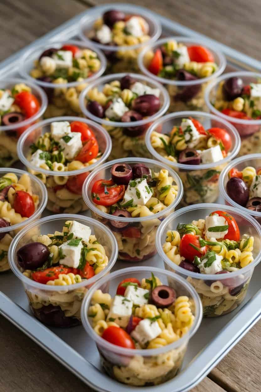 An indoor tray of clear plastic cups each holding colorful pasta salad with olives, feta, cherry tomatoes, and herbs. No text or logos. Photo only.