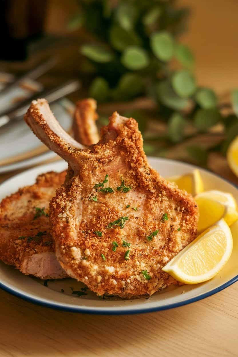 A warmly lit indoor plate displaying thin breaded pork chops with a crisp Parmesan crust, lemon wedges on the side, no text or logos. Photo only.