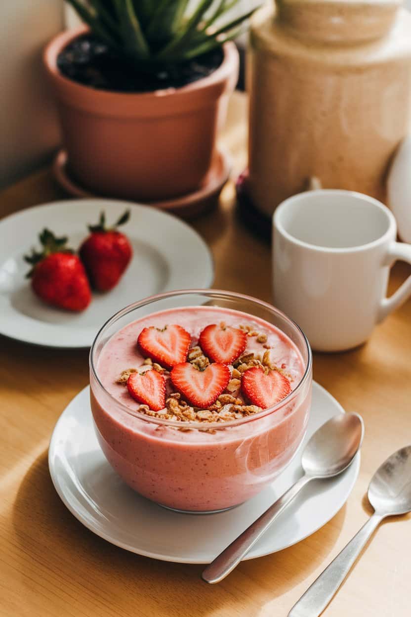 An indoor breakfast table featuring shallow bowls of creamy hot-pink berry smoothie topped with sliced strawberries arranged like hearts and sprinkled with granola. Warm window lighting, no logos.