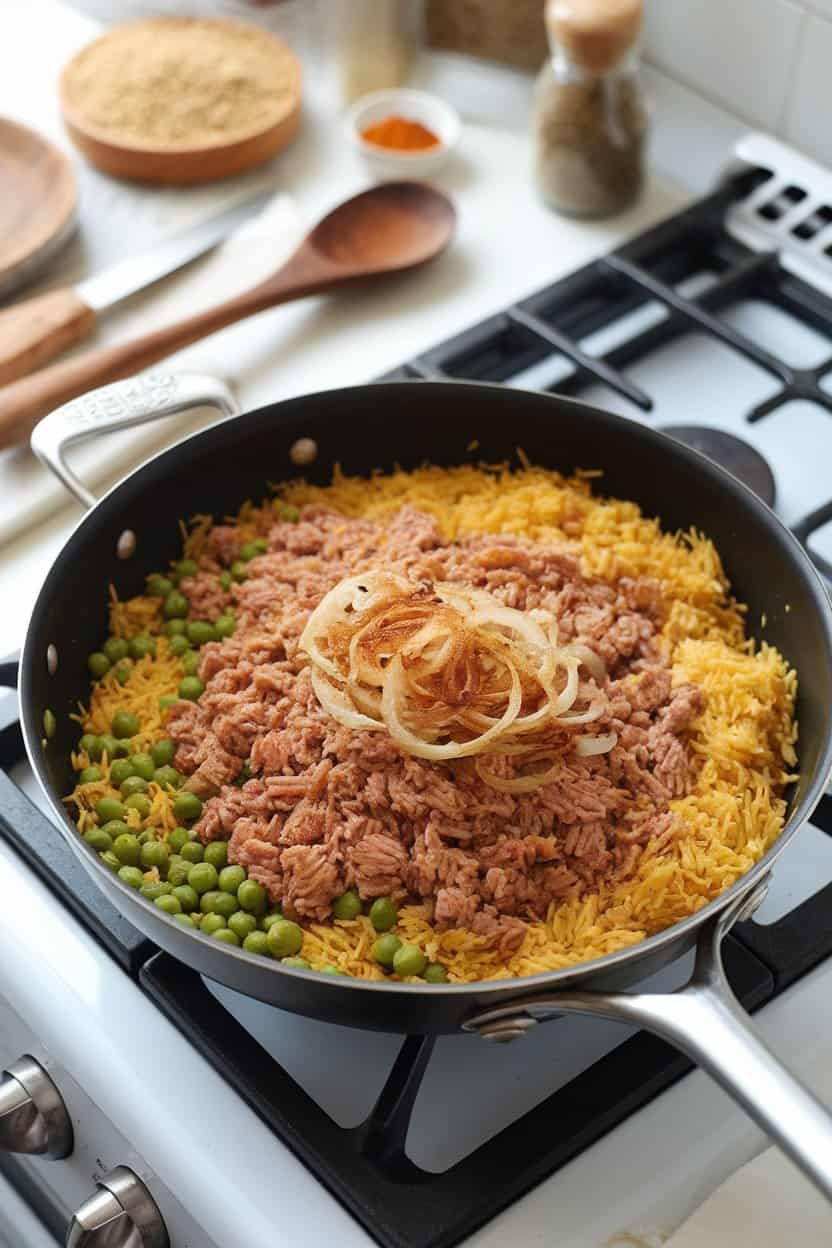 Indoor stovetop scene with a wide sauté pan of golden basmati rice, ground turkey, peas, and fried onions, saffron hue visible. No logos or text.