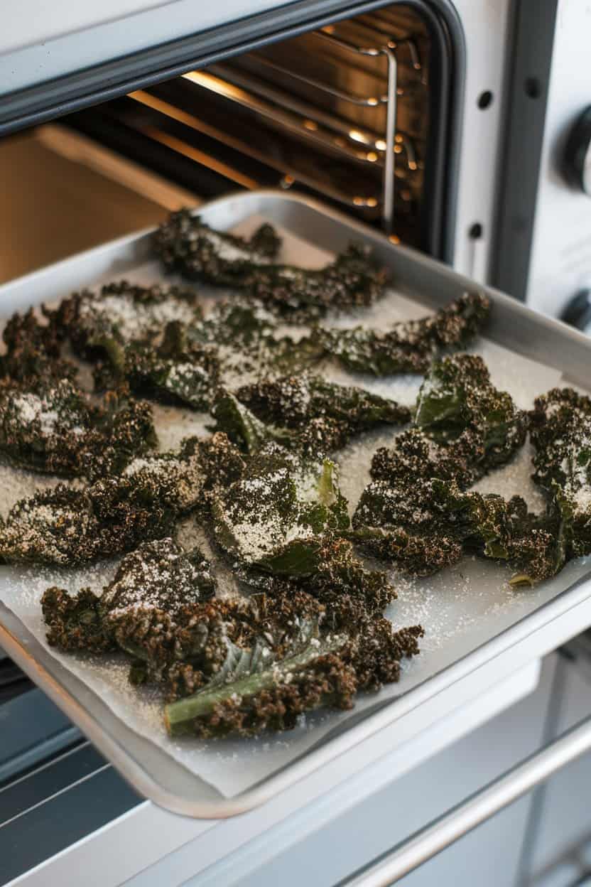 Internal oven view pulled out onto a counter showing a tray of dark green kale chips dusted with grated Parmesan, visibly crispy. Photo, no text or logos.