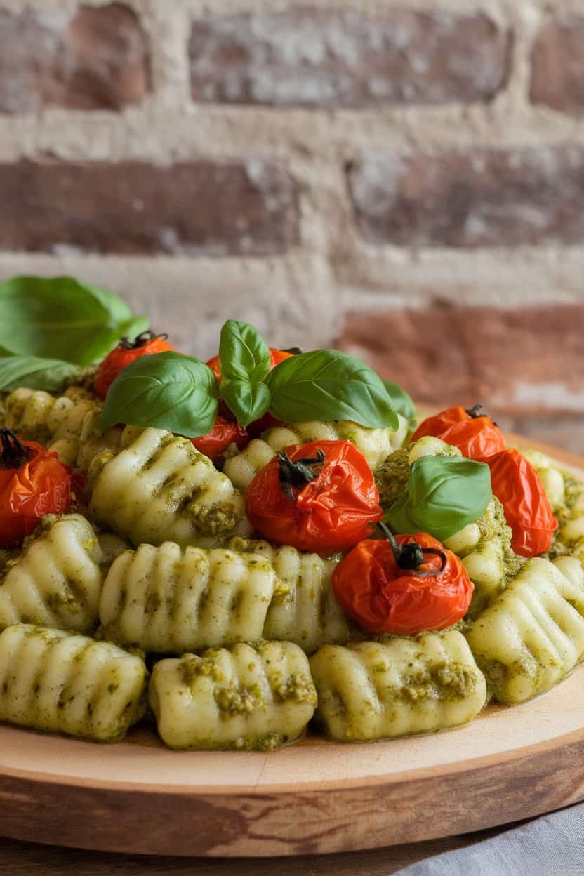 Indoor photo of pillowy gnocchi coated in green pesto, dotted with burst roasted cherry tomatoes, no text or logos