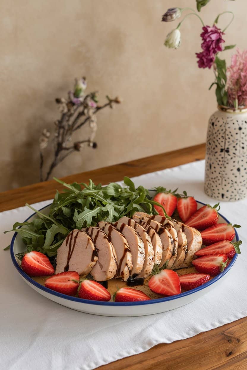 An indoor dining table featuring sliced cooked chicken breast drizzled with balsamic reduction, surrounded by fresh strawberry halves and arugula. No text or logos.