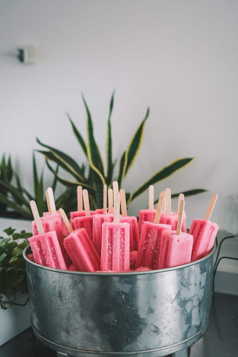 An indoor countertop scene with bright pink popsicles on a chilled metal tray, flecks of coconut visible; no text or logos.