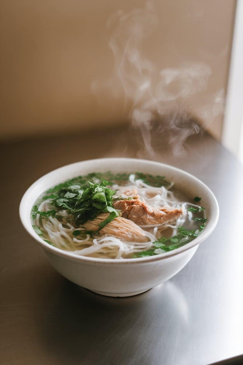 Indoor tabletop with a steaming bowl of chicken pho, rice noodles and fresh herbs floating on top, no text or logos.