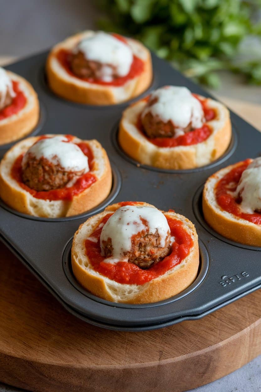 Indoor muffin tin containing bread cups filled with marinara, tiny meatballs, and melted mozzarella; no text or logos.