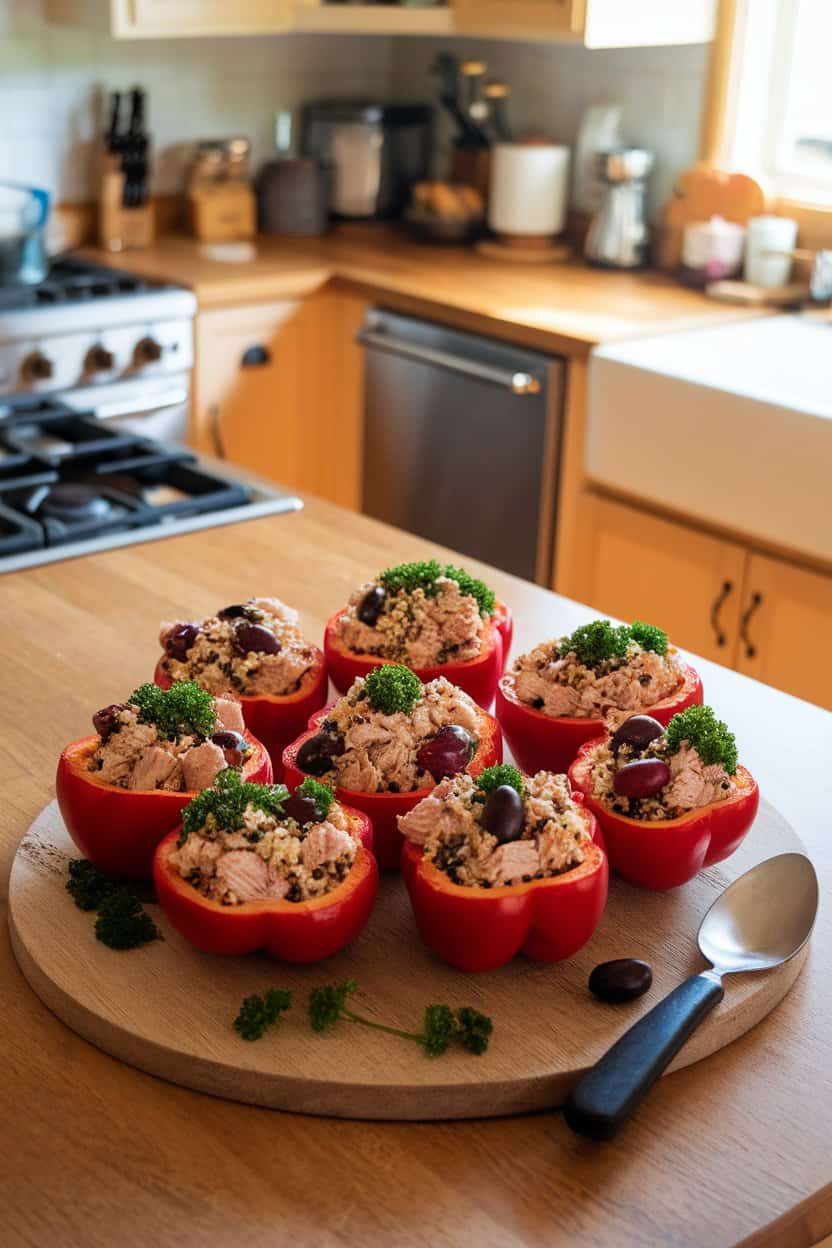 An indoor kitchen island showcasing halved red bell peppers filled with cooked tuna salad dotted with olives, parsley, and quinoa. Warm natural light, no text or logos. Photo only.