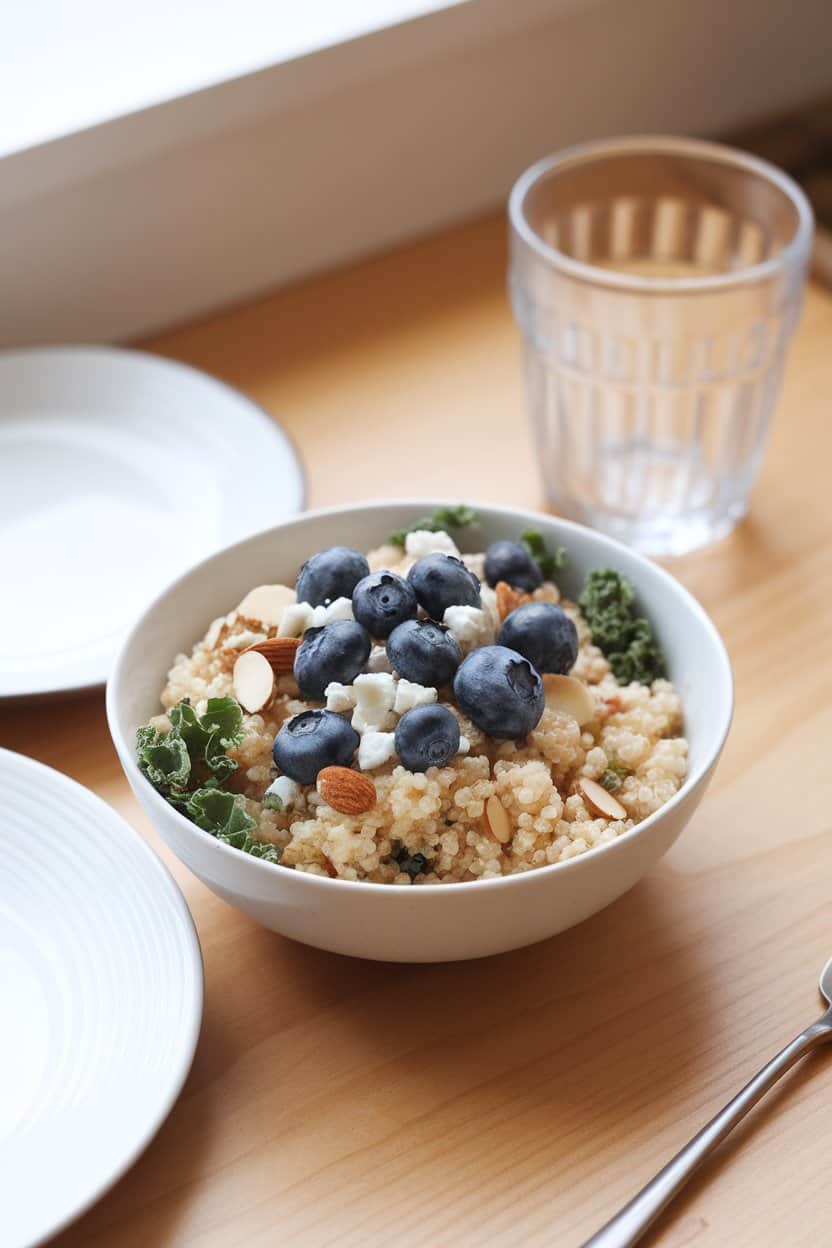 Photo of a bright indoor breakfast nook with a bowl of fluffy quinoa mixed with fresh blueberries, baby kale, sliced almonds, and feta crumbles, lightly drizzled. No text or logos.