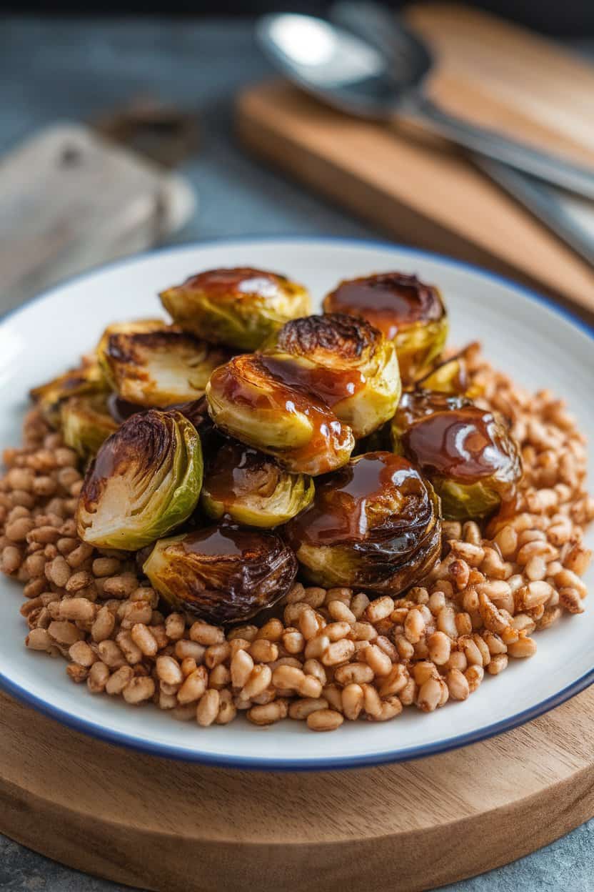 Indoor plate featuring roasted Brussels sprouts glazed with shiny maple-mustard sauce over nutty farro grains, no text or logos.
