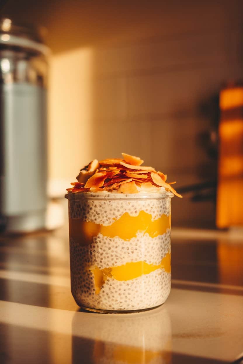 A warmly lit indoor kitchen counter featuring a glass jar layered with creamy coconut chia pudding and bright mango purée, topped with toasted coconut flakes. No text or logos anywhere in the scene; photo, not illustration.