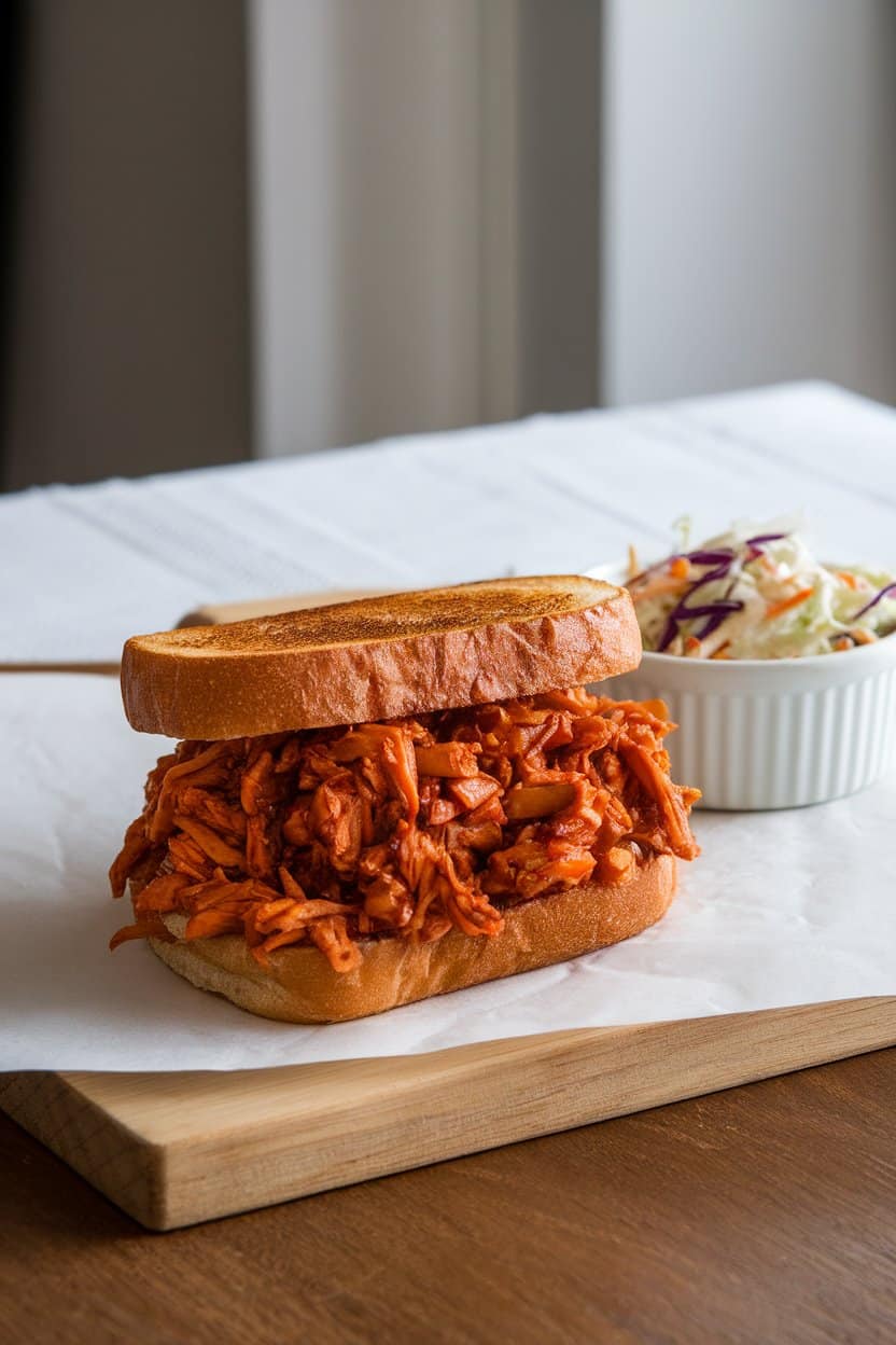 Indoor wooden table with a sandwich of saucy shredded jackfruit piled on a toasted bun, a ramekin of coleslaw alongside. No text or logos, photo not illustration.