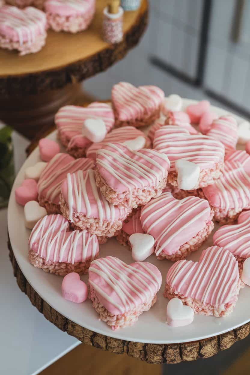 An indoor party platter of pink marshmallow rice cereal treats cut into hearts and drizzled with white chocolate, no text or logos.